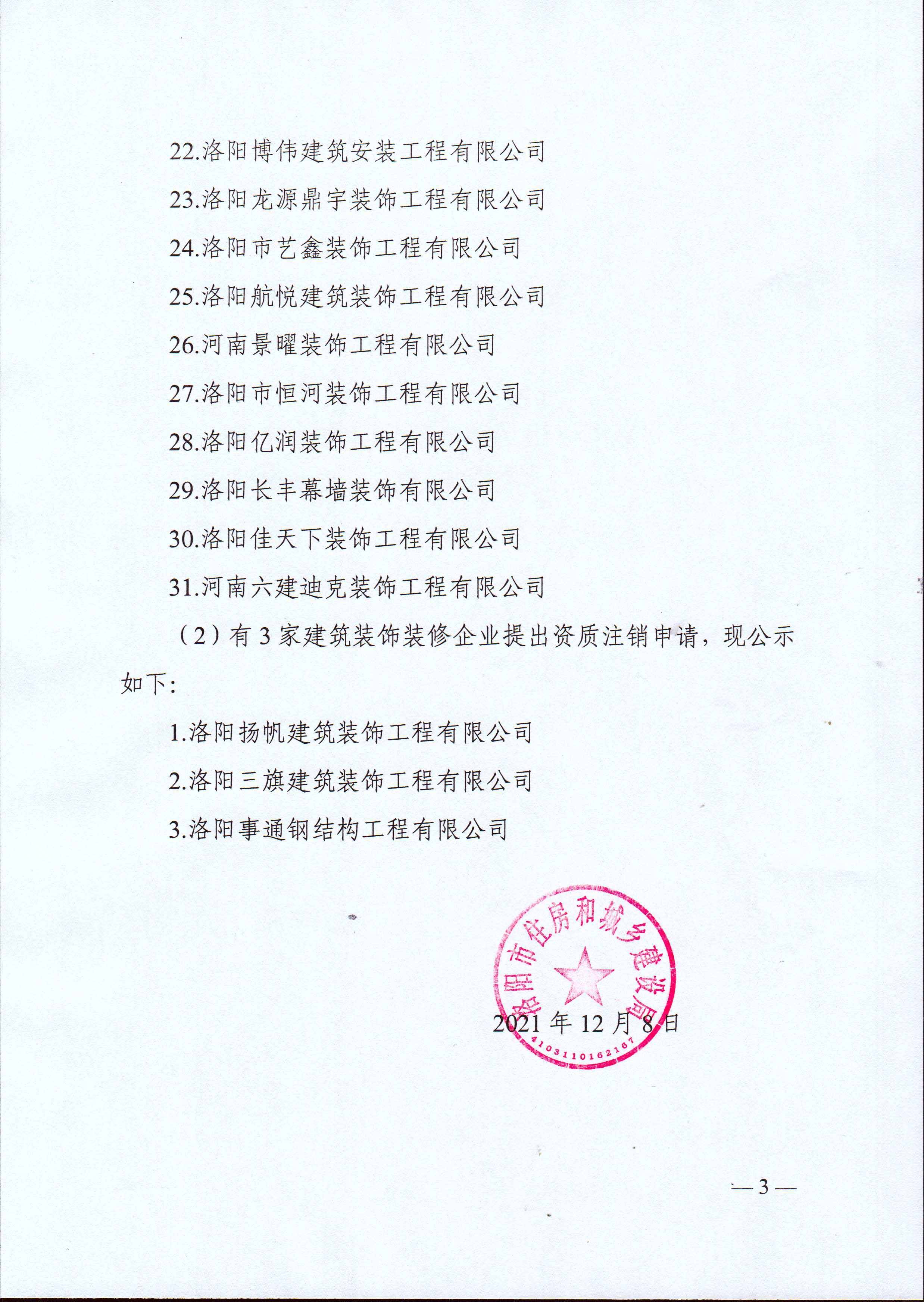 洛陽市住房和城鄉建設局關于2021年建筑裝飾裝修企業資質動態核查情況